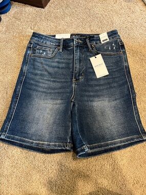 Judy Blue Dark Indigo Distressed Denim Bermuda Shorts